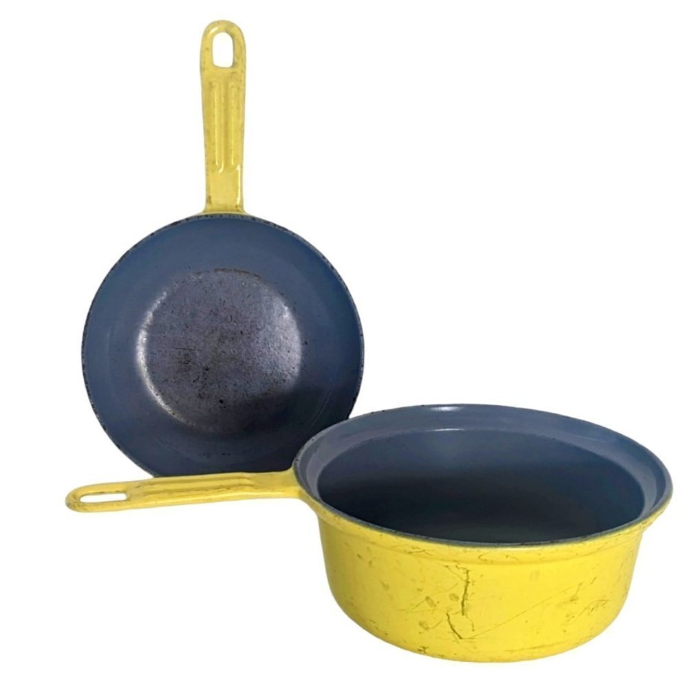 Vintage Descoware Enamel Cast Saucepan Pot & Mini Pan Yellow